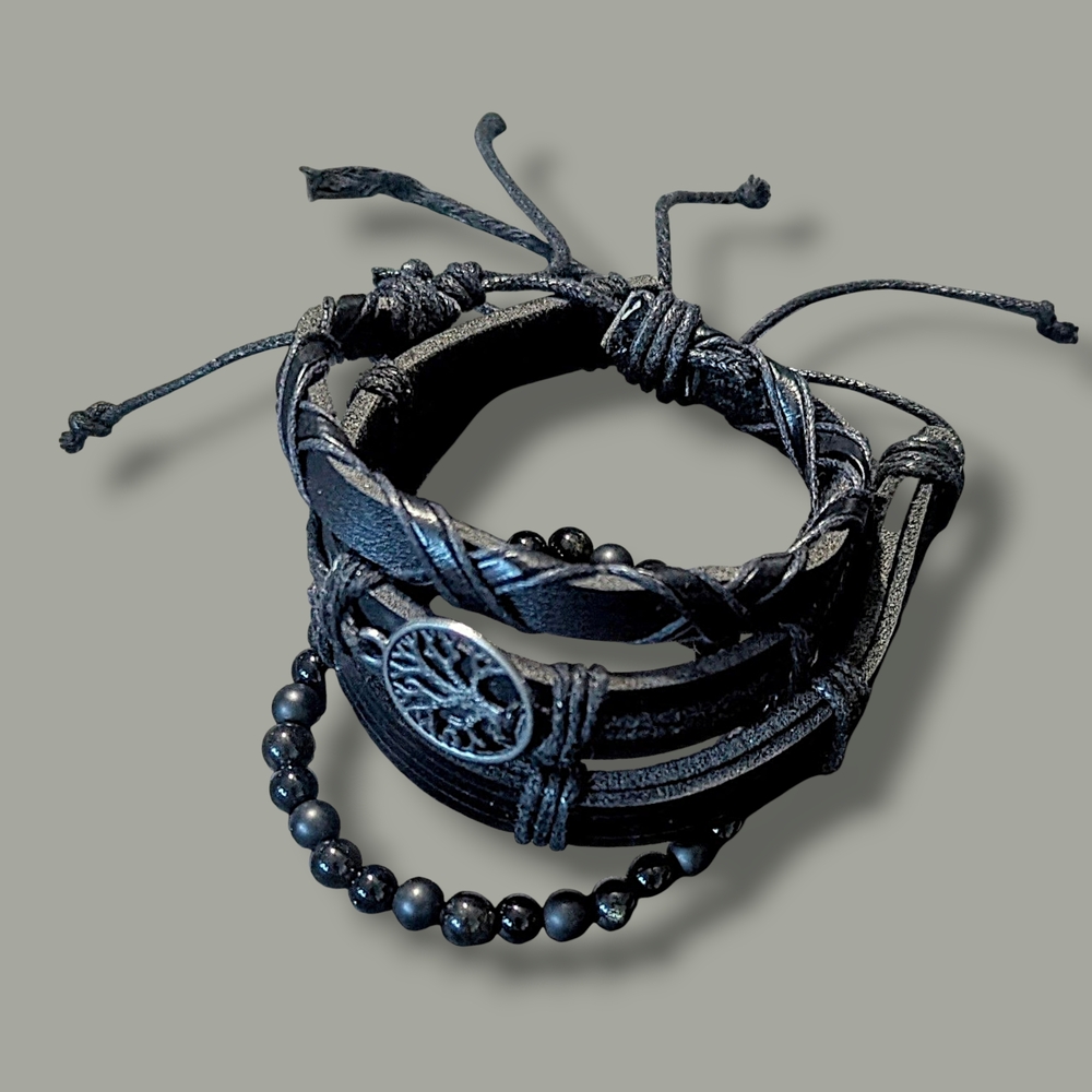 Black Leather Tree of Life Stacked Bracelet set